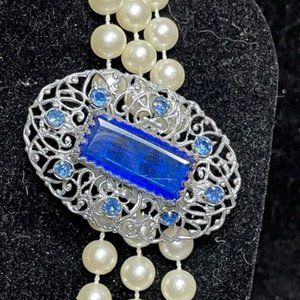 Antique Blue Czech Glass Silver Tone Brooch Absolutely Stunning Early 1900's